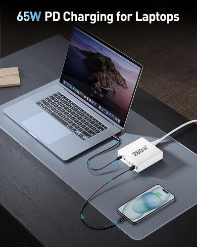 كتلة شاحن USB C بقدرة 280 وات، محطة شحن USB C بـ 8 منافذ GaN III PD 65 وات محول شاحن كمبيوتر محمول متوافق مع MacBookPro/Air، DELL، iPad، محطة شحن محمولة لهواتف iPhone وSamsung Galaxy (أسود) in Kuwait