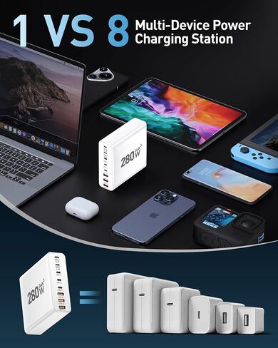 كتلة شاحن USB C بقدرة 280 وات، محطة شحن USB C بـ 8 منافذ GaN III PD 65 وات محول شاحن كمبيوتر محمول متوافق مع MacBookPro/Air، DELL، iPad، محطة شحن محمولة لهواتف iPhone وSamsung Galaxy (أسود) in Kuwait