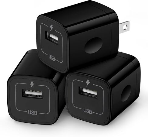 مكعب شاحن حائط، 1 أمبير/5 فولت، قابس USB بمنفذ واحد 3 عبوات للسفر أسود، صندوق شحن متوافق مع الهاتف، سامسونج جالاكسي S24 S23 A21 A51 A71 S20 S10 S9 S8، A10e، Note20/10، Moto G7 G6، LG Stylo 6/5/ 4 in Kuwait