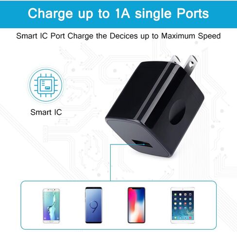 مكعب شاحن حائط، 1 أمبير/5 فولت، قابس USB بمنفذ واحد 3 عبوات للسفر أسود، صندوق شحن متوافق مع الهاتف، سامسونج جالاكسي S24 S23 A21 A51 A71 S20 S10 S9 S8، A10e، Note20/10، Moto G7 G6، LG Stylo 6/5/ 4 in Kuwait