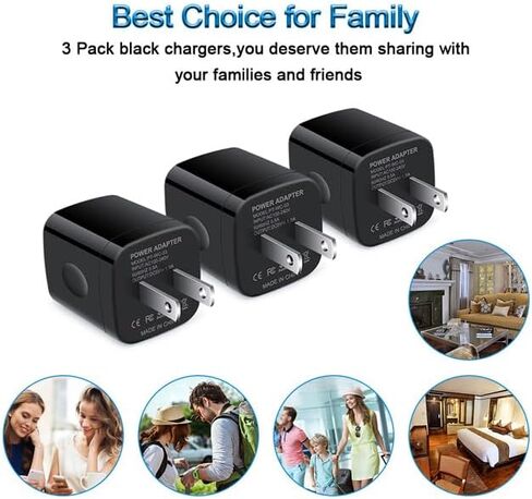 مكعب شاحن حائط، 1 أمبير/5 فولت، قابس USB بمنفذ واحد 3 عبوات للسفر أسود، صندوق شحن متوافق مع الهاتف، سامسونج جالاكسي S24 S23 A21 A51 A71 S20 S10 S9 S8، A10e، Note20/10، Moto G7 G6، LG Stylo 6/5/ 4 in Kuwait