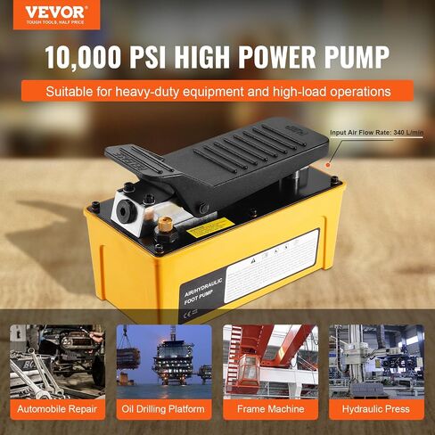 VEVOR Air Hydraulic Pump, 10,000 PSI 1/2 Gal Reservoir, NPT 3/8" Oil Outlet, NPT 1/4" Inlet, 6.6 ft Pipe, Foot Actuated Hydraulic Pump Air Treadle for Auto Body Frame Machines and Pulling Post, Orange in Saudi Arabia