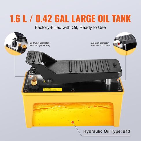VEVOR Air Hydraulic Pump, 10,000 PSI 1/2 Gal Reservoir, NPT 3/8" Oil Outlet, NPT 1/4" Inlet, 6.6 ft Pipe, Foot Actuated Hydraulic Pump Air Treadle for Auto Body Frame Machines and Pulling Post, Orange in Saudi Arabia