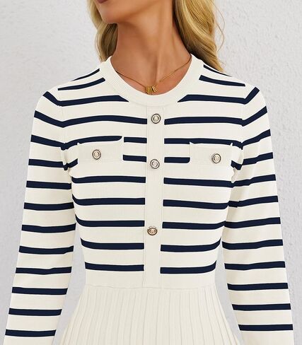Women's Casual Long Sleeve Striped Midi Dress Crewneck Button Swing Pleated Knit A Line Dresses in Kuwait