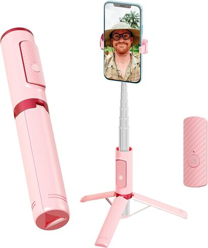 Selfie Stick Tripod, Foldable Cellphone Tripod with Remote, Travel Tripod for iPhone Series Android, Video Recording - Pink in Saudi Arabia
