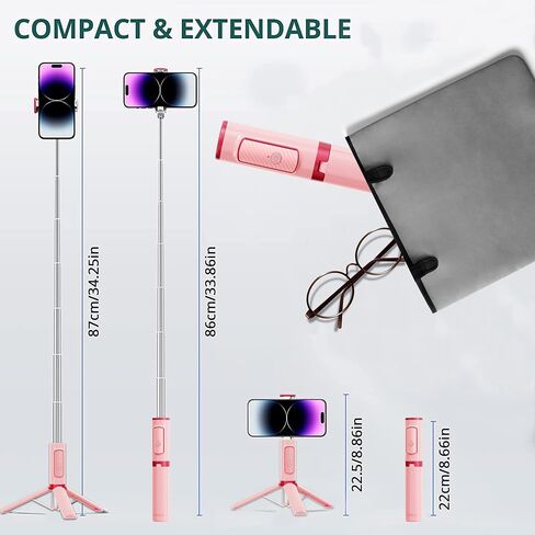 Selfie Stick Tripod, Foldable Cellphone Tripod with Remote, Travel Tripod for iPhone Series Android, Video Recording - Pink in Saudi Arabia