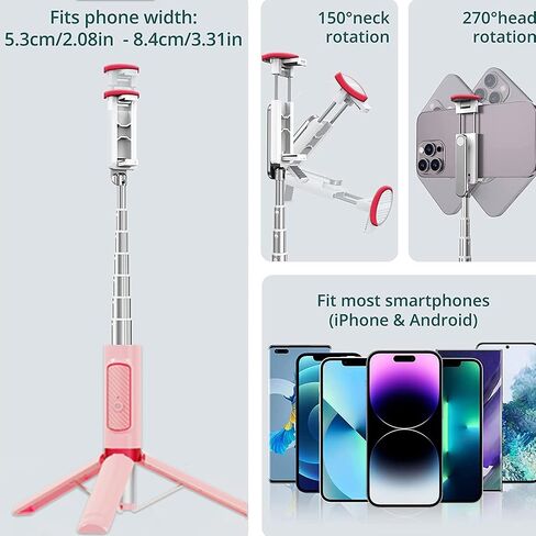 Selfie Stick Tripod, Foldable Cellphone Tripod with Remote, Travel Tripod for iPhone Series Android, Video Recording - Pink in Saudi Arabia
