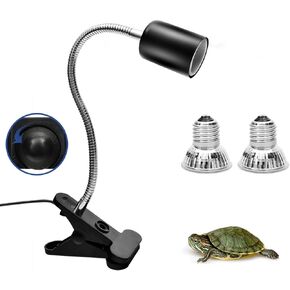 Reptile Heat Lamp, Basking Spot Lamp, 2 Pack UVA + UVB Full Spectrum Sun Lamp with 360°Rotatable Clips and Adjustable Switch for Turtle Lizard Snake Aquarium Chameleons Amphibians (Black, 50W Bulbs)