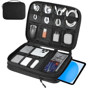 Electronics Organizer Travel Case, Double Layers Cord Organizer Travel for Cable,Cord,iPhone,iPad,Chargers, Travel Electronic Organizer for 9-11'' Tablets, Portable Cable Organizer Bag, Black