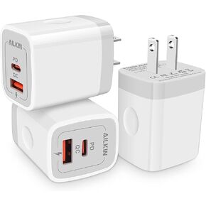3Pack Dual Port USB-C Wall Plug-in USB Charger, AILKIN 20W Power Delivery + QC3.0 USB A Double Port Fast Charging Block for iPhone 15 14 13 12 Pro Max 14 Pro 12 Mini 16 Pro Max 16 Plus 16 SE X XS Cube