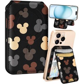 Shorogyt Compatible with Magsafe Wallet for Magnetic Fold Card Holder for Women - Cute Phone Wallet for iPhone 16/15/14/13/12 Series,RFID Blocking Stand Printed Leather Fit 4 Cards,Black Mogu