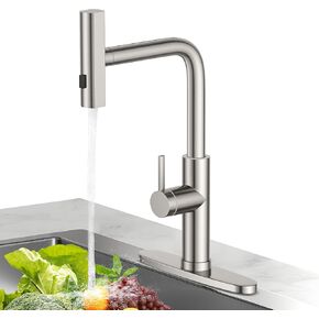 304 Stainless Steel Nickel Strap Pull Down Shower Kitchen Faucet Waterfall 24" Cleaning Distance 360° Swivel 3 Cleaning Modes Switching Bubbles Powerful Faucet