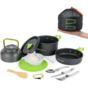 MEETSUN Camping Cooking Set with 1.5L Pot, Camping Cookware Set for 2-3 Person,Camping Mess Kit with Kettle,Camping Pot Pan Set with Chopping Board Folding Tableware for Camping Hiking Bcakpacking