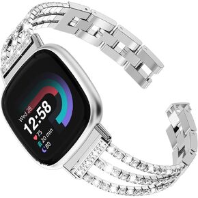 FULLIFE متوافق مع سلسلة Fitbit Versa 3/Fitbit Versa 4 مع كريستال دايموند بلينغ معدني وحزام سوار فولاذي Fitbit Sense/Fitbit Sense 2 للنساء، فضي