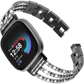 FULLIFE Compatible with Fitbit Versa 3/Fitbit Versa 4 Chain with Crystal Diamond Bling Metal Link Bracelet Strap Steel Fitbit Sense/Fitbit Sense 2 Band for Women, Silver