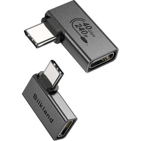 Silkland USB C 90 Degree Right Angle Adapter [2 Pack, 240W 40Gbps] USB C Male to Female Adapter Extender Compatible with Thunderbolt 4 for Steam Deck, ROG Ally, MacBook, Switch, iPhone 16/15, Quest 3