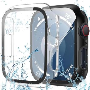 2-Pack Waterproof Case for Apple Watch 44mm SE (2nd Gen) Series 6 5 4 Screen Protector, Full Protective Tempered Glass Hard PC Case Cover for iWatch 44mm