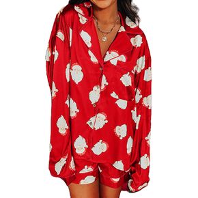 Aonoapll Women Christmas Pajamas Shorts Set Cute Patterned Long Sleeve Shirts and Shorts 2 Piece Pjs Sleepwear Loungewear