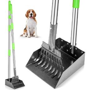 TOOGE Larger Pooper Scooper for Large Dogs, Dog Pooper Scooper for Large Medium Small Dogs Long Handle Stainless Metal Tray and Rake Set Heavy Duty