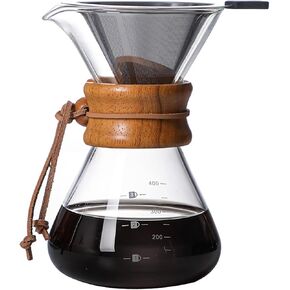 Pour Over Coffee Maker with Reusable Stainless Steel Drip Filter, Lead-Free Borosilicate Glass Coffee Carafe with Modern Wooden Collar for 1-2Cup, Circular Clear (400ml/13.5oz) in Saudi Arabia