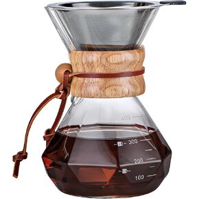Pour Over Coffee Maker with Reusable Stainless Steel Drip Filter, Lead-Free Borosilicate Glass Coffee Carafe with Modern Wooden Collar for 1-6Cup, Circular Clear (800ml/27oz)