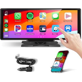 Podofo 10.26 inch Carplay Screen for Car with Wireless Carplay Android Auto MirrorLink, 1080P IPS Touch Screen Portable Radio Support Dual Bluetooth/Hands-Free/GPS/Siri/FM Transmit/Aux/TF Card