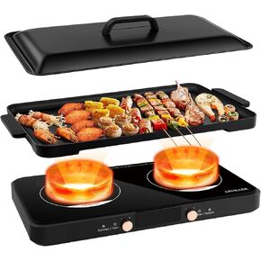 Double Induction Cooktop 2 Burner with Removable Iron Cast Griddle Pan Non-stick, 1800W Portable Induction Stove with 11 Power levels, Easy Knob Operation, Timer & Lock, Black