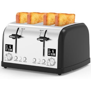 محمصة خبز 4 شرائح، شاشة LED فائقة الوضوح، لوحات تحكم مزدوجة مع إعدادات مستقلة، محمصة خبز من الفولاذ المقاوم للصدأ بفتحة واسعة للفطائر، 4 شرائح محمصة خبز مع Bagel LainstenT-5057D (أسود) in Kuwait