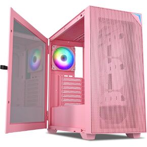 VETROO AL800 Full Tower PC Computer Case w/Door Opening Design Tempered Glass, E-ATX/ATX Support, Built-in ARGB LED Strip, Pre-Installed ARGB & PWM FDB Fan in Rear, Support for 40 Series GPUs -Pink