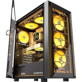 MUSETEX ATX PC Case, 6 PWM ARGB Fans Pre-Installed, Computer Case with Opening Tempered Glass Door, Mid Tower Gaming PC Case, USB 3.0 x 2, Black, G07