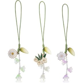 Jeffdad 3pcs Cherry Blossom Daisy Flower Phone Charm, Mobile Phone Decorative Pendant Handmade Bracelet Keychain Cute Anti-lost Phone Chain Strap for Women