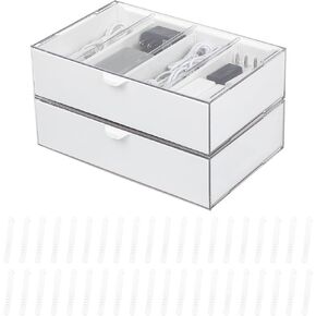 Yesesion 2 Pack Cords Organizer Drawer with Adjustable Compartments and 40pcs of Wire Ties, Large Electronics Accessories Management Box for Data Cable, Phone Chargers, Power Cords, USB (White)