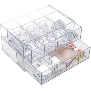 Yesesion 2 Pack Cords Organizer Drawer with Adjustable Compartments and 40pcs of Wire Ties, Large Electronics Accessories Management Box for Data Cable, Phone Chargers, Power Cords, USB (White)