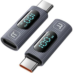 USB C Adapter, 2Pack 100W USB C Female to USB C Male Extension Adapter Type C Power Meter Tester with Digital Display for iPad Pro iPhone 15 Pro Max MacBook Pro Laptop (Grey)