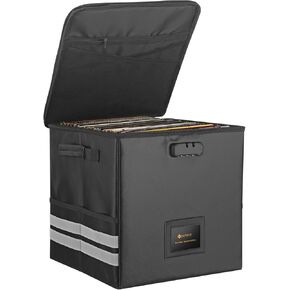 Neoteck Vinyl Record Storage Box with Lock Holds Up to 62 PCS Vinyl Records Foldable Vinyl Record Organizer with Mesh Pocket and Reflective Strips Fire and Water Resistant for Vinyl Record Collection