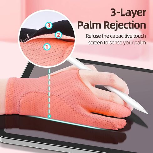 Artist Drawing Glove for Women [2 Pack Pink] 3-Layer Palm Rejection Right/Left Hand Digital Graphic Tablet iPad Art Gloves Two Finger Smooth Elasticity Breathable for Sketching Painting in Kuwait