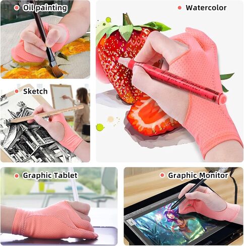 Artist Drawing Glove for Women [2 Pack Pink] 3-Layer Palm Rejection Right/Left Hand Digital Graphic Tablet iPad Art Gloves Two Finger Smooth Elasticity Breathable for Sketching Painting in Kuwait