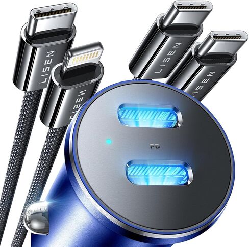 LISEN 90W USB C Car Charger Fast Charging, Dual PD 45W USB C Port for iPhone 16 Car Charger, Super Fast Car Charger USB C Cigarette Lighter Adapter with USB C & Lightning Cable for iPhone 15/14/Galaxy in Kuwait
