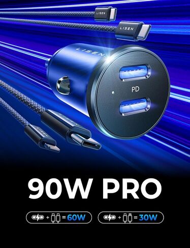 LISEN 90W USB C Car Charger Fast Charging, Dual PD 45W USB C Port for iPhone 16 Car Charger, Super Fast Car Charger USB C Cigarette Lighter Adapter with USB C & Lightning Cable for iPhone 15/14/Galaxy in Kuwait