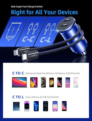 LISEN 90W USB C Car Charger Fast Charging, Dual PD 45W USB C Port for iPhone 16 Car Charger, Super Fast Car Charger USB C Cigarette Lighter Adapter with USB C & Lightning Cable for iPhone 15/14/Galaxy in Kuwait
