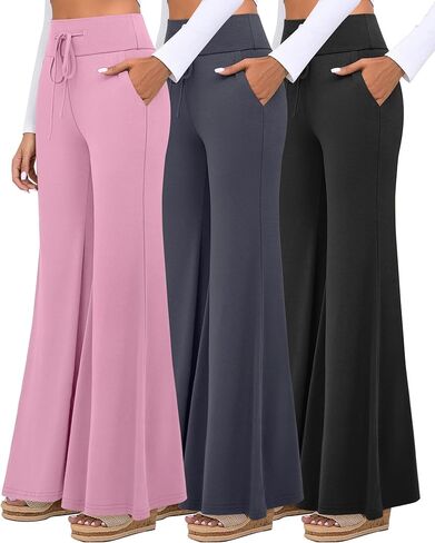 مجموعة من 3 سراويل بالازو للسيدات مع جيوب كاجوال واسعة الساق وخصر عالٍ ورباط وقابل للتمدد in Kuwait