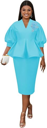 AOMEI Women's V Neck Applique Beaded Peplum Office Bodycon Midi Dress 3/4 Sleeve Business Work Pencil Dresses for Women in Kuwait