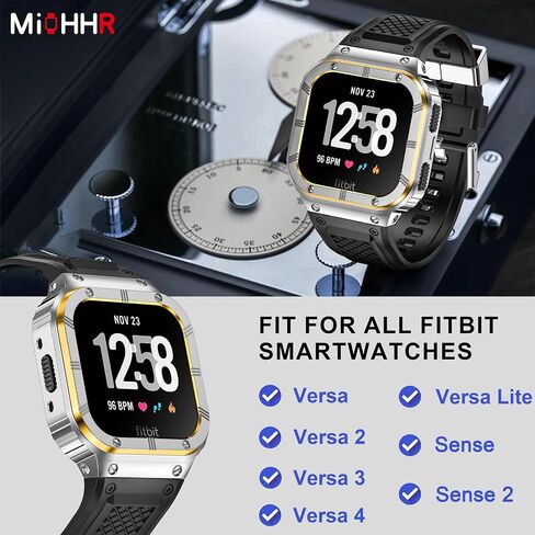 MioHHR Stainless Steel Case and Band Compatible with Fitbit Versa 4/3/2/Lite/Sense/Sense 2 Bands with Metal Case, Rugged Sports Protector Cover Silicone Wristbands for Men, Black in Kuwait
