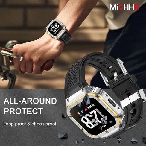 MioHHR Stainless Steel Case and Band Compatible with Fitbit Versa 4/3/2/Lite/Sense/Sense 2 Bands with Metal Case, Rugged Sports Protector Cover Silicone Wristbands for Men, Black in Kuwait