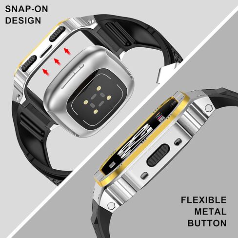 MioHHR Stainless Steel Case and Band Compatible with Fitbit Versa 4/3/2/Lite/Sense/Sense 2 Bands with Metal Case, Rugged Sports Protector Cover Silicone Wristbands for Men, Black in Kuwait