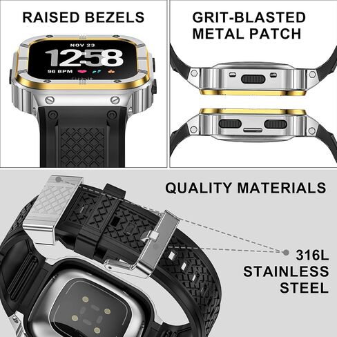 MioHHR Stainless Steel Case and Band Compatible with Fitbit Versa 4/3/2/Lite/Sense/Sense 2 Bands with Metal Case, Rugged Sports Protector Cover Silicone Wristbands for Men, Black in Kuwait