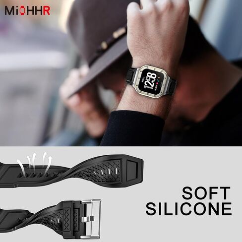 MioHHR Stainless Steel Case and Band Compatible with Fitbit Versa 4/3/2/Lite/Sense/Sense 2 Bands with Metal Case, Rugged Sports Protector Cover Silicone Wristbands for Men, Black in Kuwait