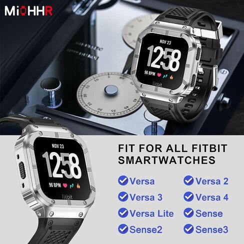MioHHR Stainless Steel Case and Band Compatible with Fitbit Versa 4/3/2/Lite/Sense/Sense 2 Bands with Metal Case, Rugged Sports Protector Cover Silicone Wristbands for Men, Black in Kuwait