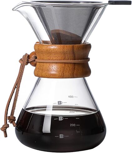 Pour Over Coffee Maker with Reusable Stainless Steel Drip Filter, Lead-Free Borosilicate Glass Coffee Carafe with Modern Wooden Collar for 1-2Cup, Circular Clear (400ml/13.5oz) in Saudi Arabia