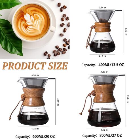 Pour Over Coffee Maker with Reusable Stainless Steel Drip Filter, Lead-Free Borosilicate Glass Coffee Carafe with Modern Wooden Collar for 1-2Cup, Circular Clear (400ml/13.5oz) in Saudi Arabia
